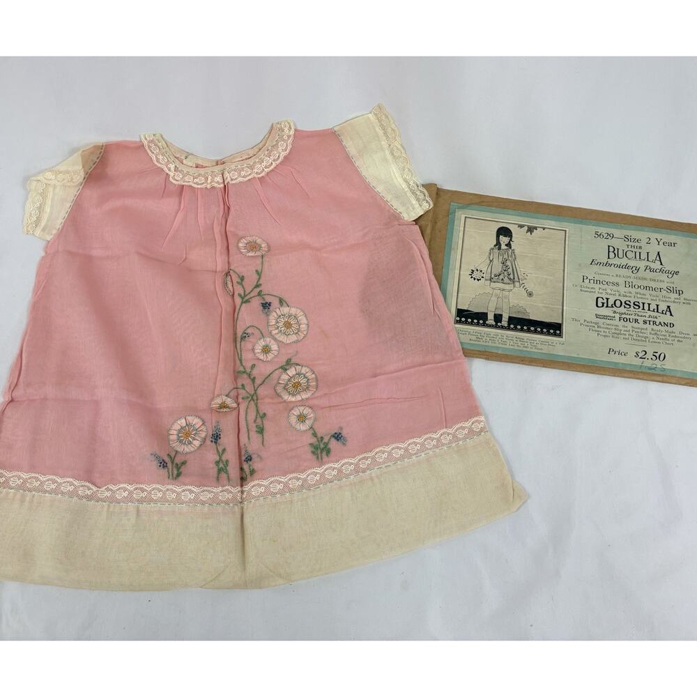 Antique Bucilla Baby Dress Completed Embroidery Glossilla Princess Slip & Sleeve
